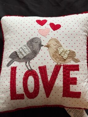 Embroidered LOVE Bird Accent Pillow - Red, Gray, Tan